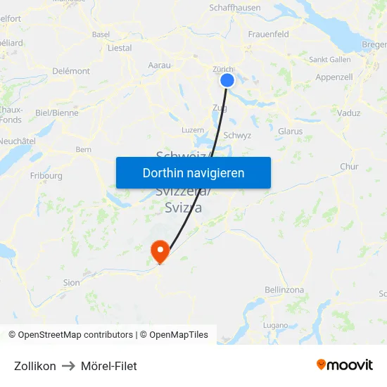 Zollikon to Mörel-Filet map