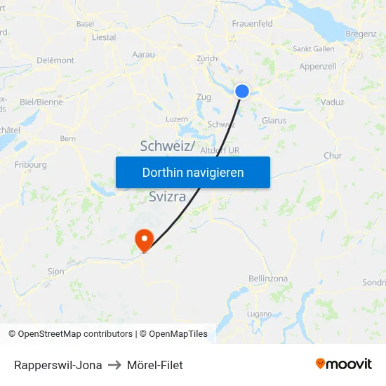 Rapperswil-Jona to Mörel-Filet map