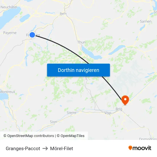 Granges-Paccot to Mörel-Filet map