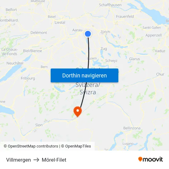 Villmergen to Mörel-Filet map