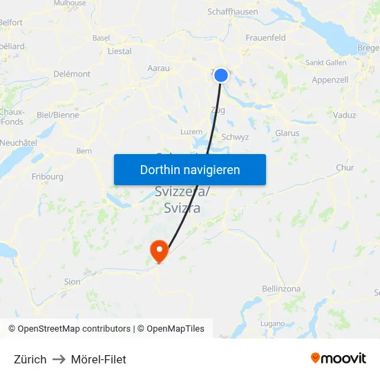 Zürich to Mörel-Filet map
