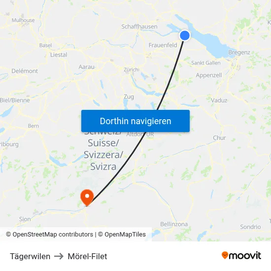 Tägerwilen to Mörel-Filet map
