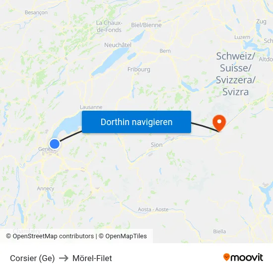 Corsier (Ge) to Mörel-Filet map