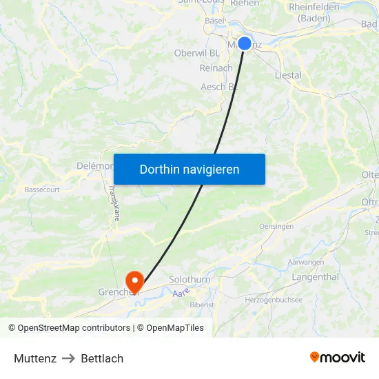 Muttenz to Bettlach map