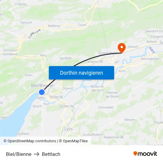 Biel/Bienne to Bettlach map