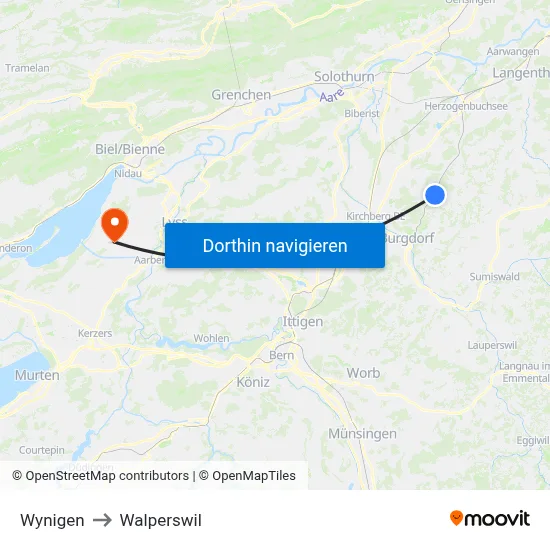 Wynigen to Walperswil map