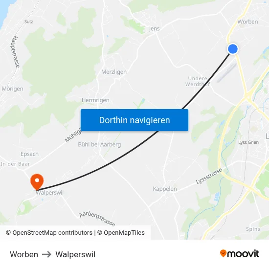 Worben to Walperswil map