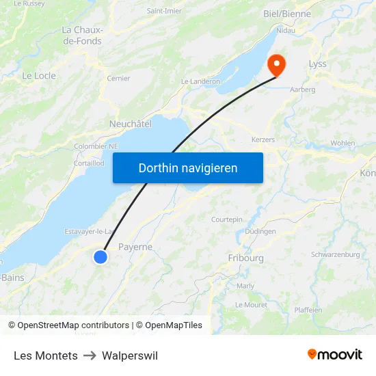 Les Montets to Walperswil map