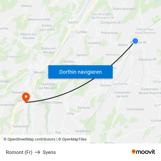Romont (Fr) to Syens map
