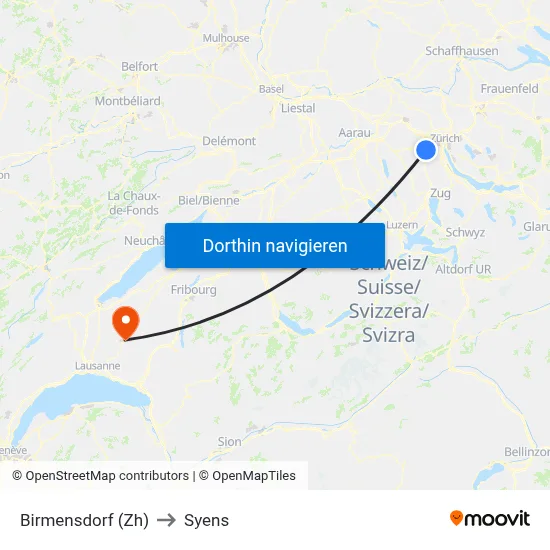Birmensdorf (Zh) to Syens map