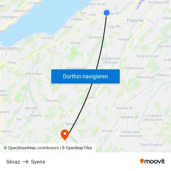 Sévaz to Syens map