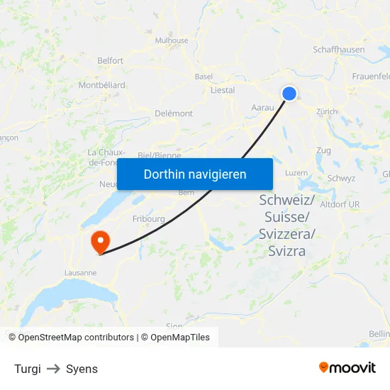 Turgi to Syens map