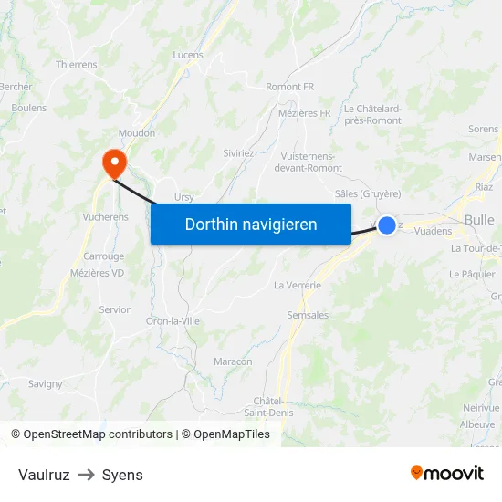 Vaulruz to Syens map