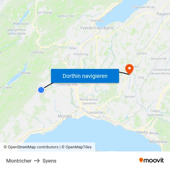 Montricher to Syens map