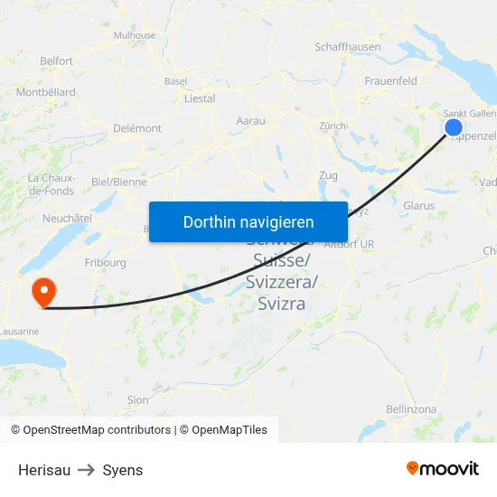 Herisau to Syens map