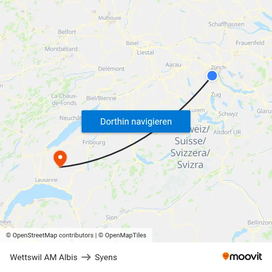 Wettswil AM Albis to Syens map