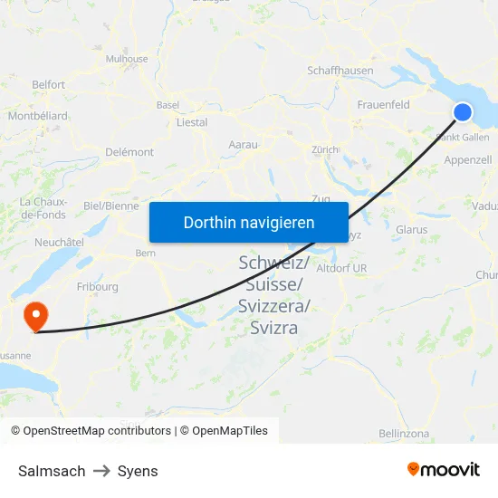 Salmsach to Syens map