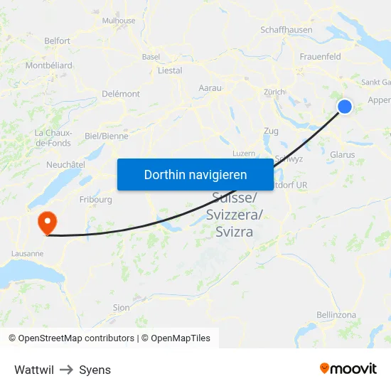 Wattwil to Syens map