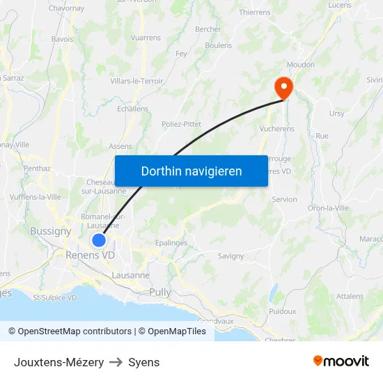 Jouxtens-Mézery to Syens map