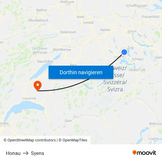 Honau to Syens map