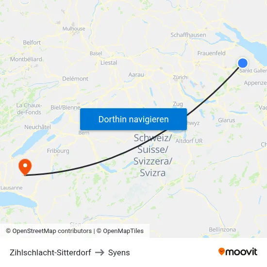 Zihlschlacht-Sitterdorf to Syens map