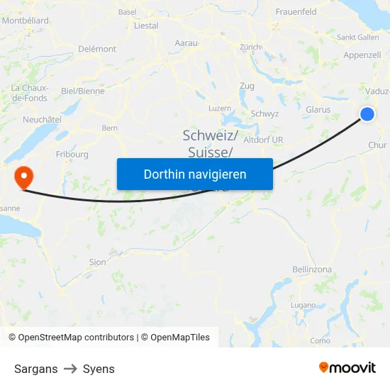Sargans to Syens map