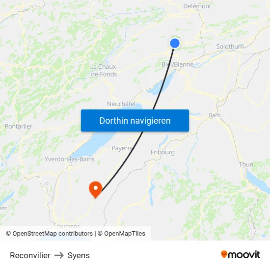 Reconvilier to Syens map
