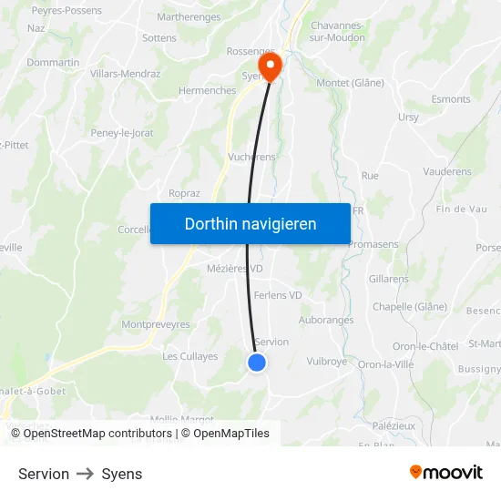 Servion to Syens map