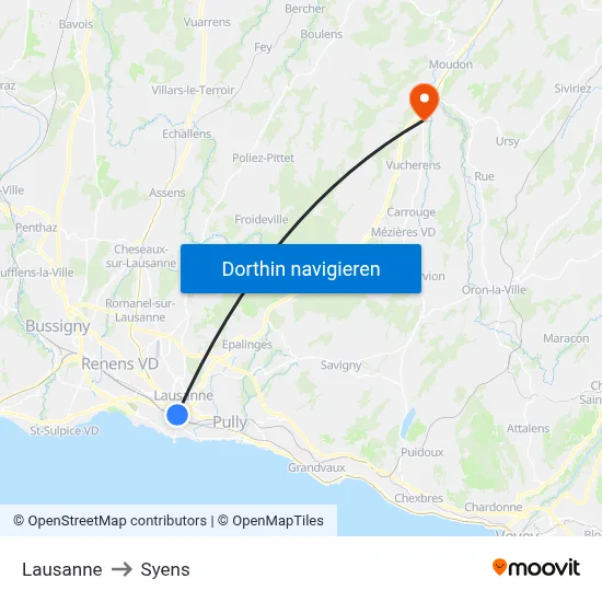 Lausanne to Syens map