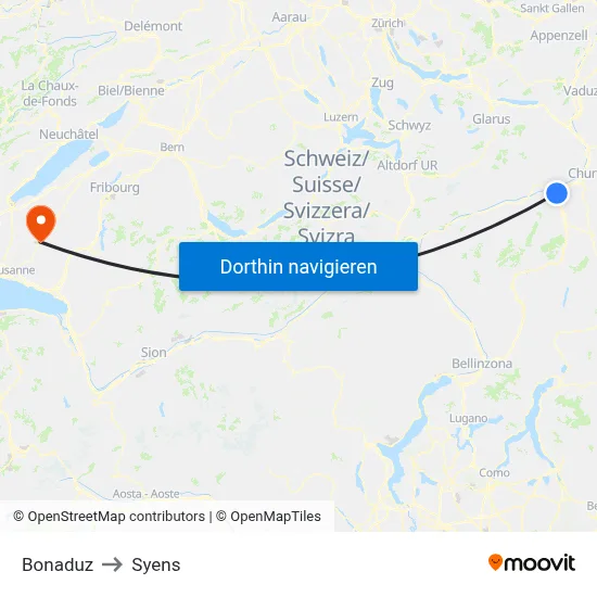 Bonaduz to Syens map