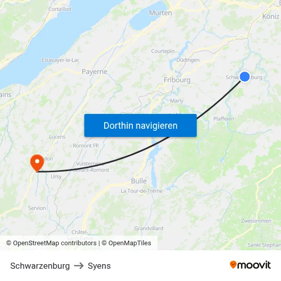 Schwarzenburg to Syens map