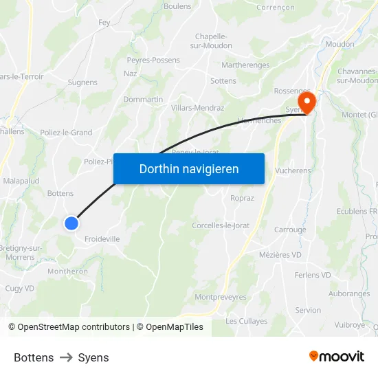 Bottens to Syens map