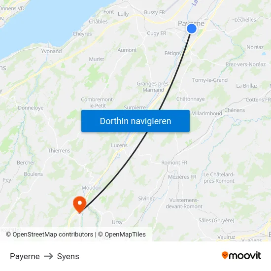 Payerne to Syens map