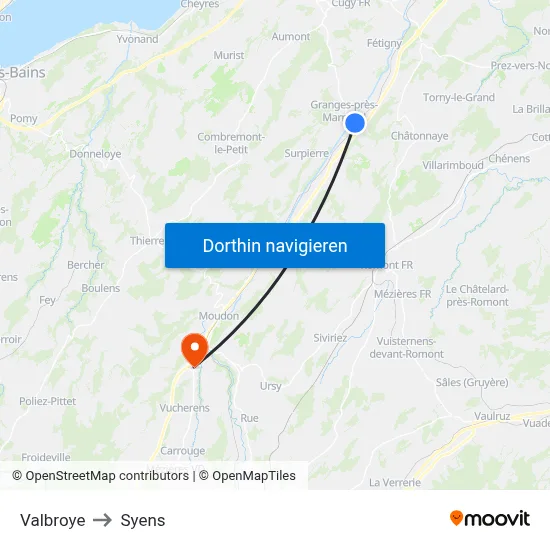 Valbroye to Syens map
