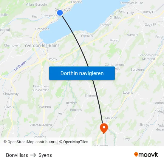 Bonvillars to Syens map