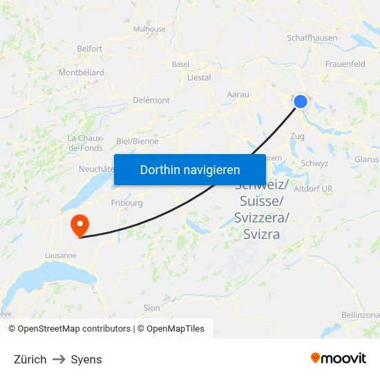 Zürich to Syens map