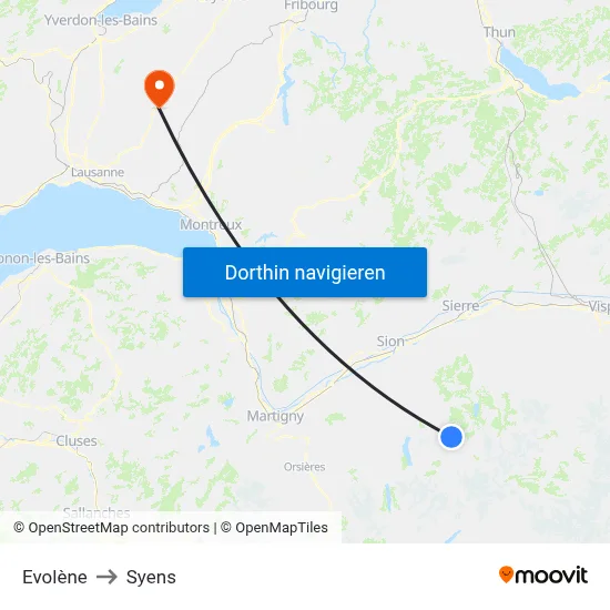 Evolène to Syens map