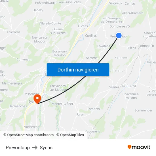 Prévonloup to Syens map