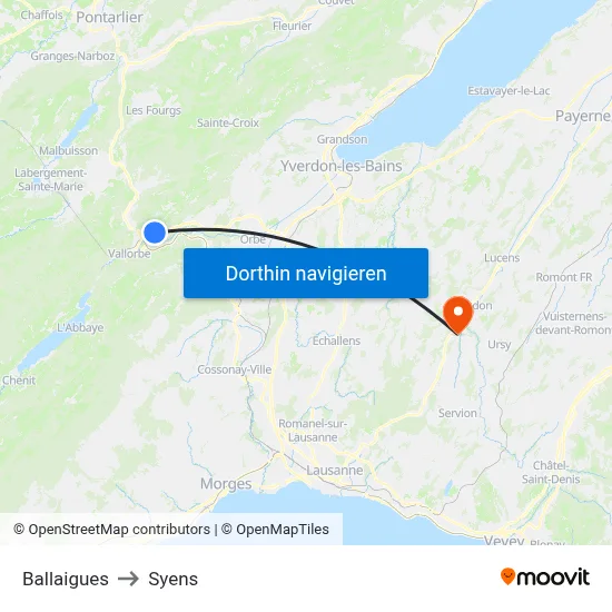 Ballaigues to Syens map