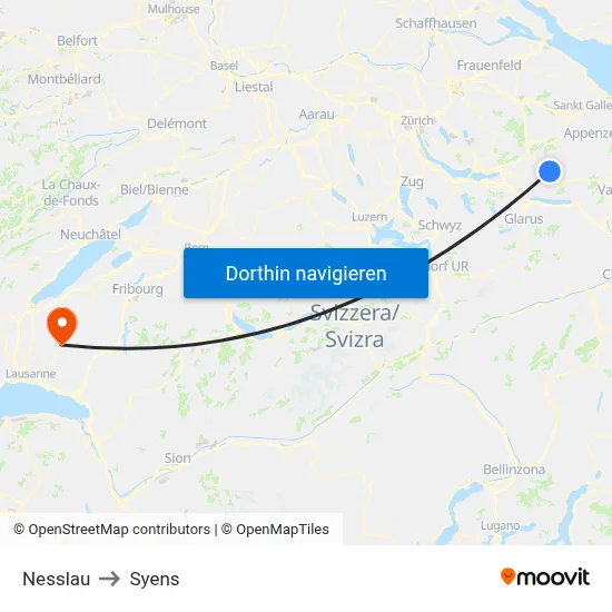 Nesslau to Syens map