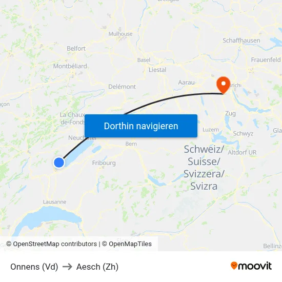 Onnens (Vd) to Aesch (Zh) map