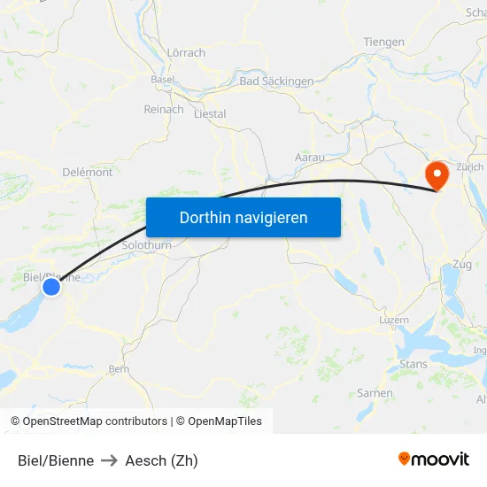 Biel/Bienne to Aesch (Zh) map
