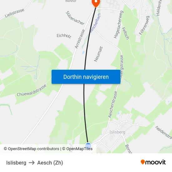 Islisberg to Aesch (Zh) map
