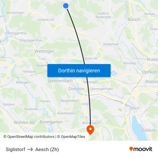 Siglistorf to Aesch (Zh) map