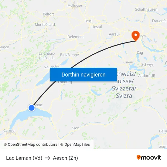 Lac Léman (Vd) to Aesch (Zh) map