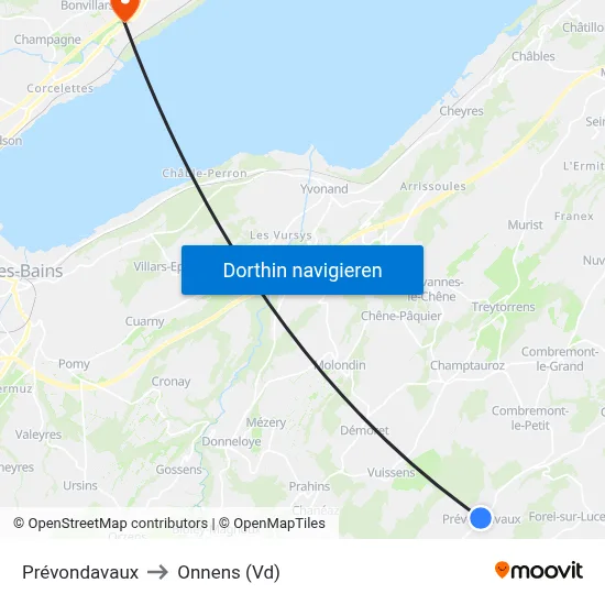 Prévondavaux to Onnens (Vd) map