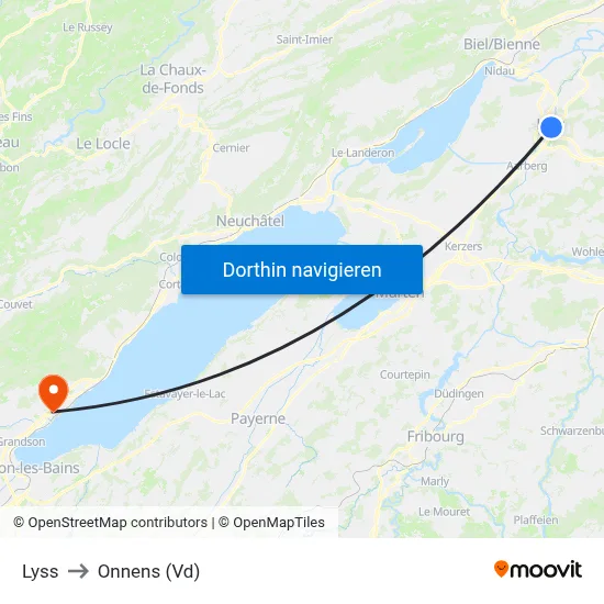 Lyss to Onnens (Vd) map