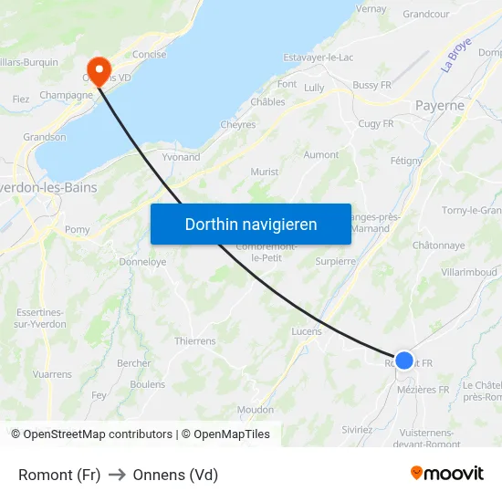 Romont (Fr) to Onnens (Vd) map