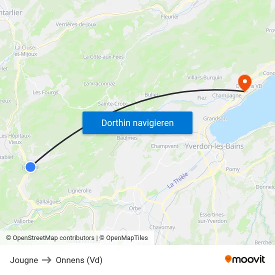 Jougne to Onnens (Vd) map