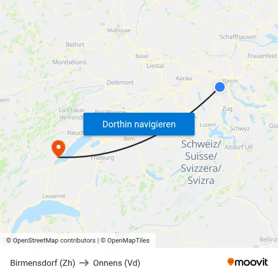 Birmensdorf (Zh) to Onnens (Vd) map